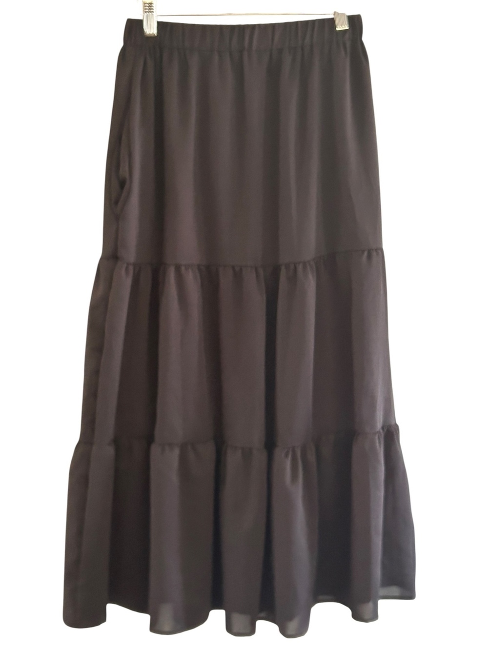 Black Tiered Maxi Skirt Lined Elastic Waist Pockets Women's Small - Picture 2 of 10